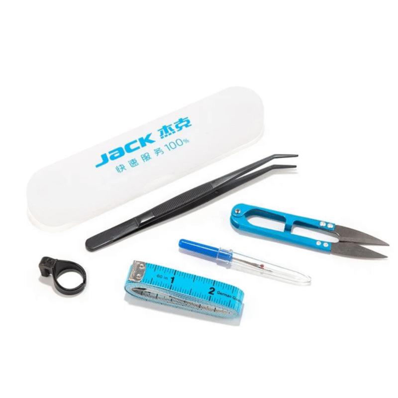 JACK sewing tools set, sewing machine accessories, industrial sewing kit, tailor tools, thread snips, seam ripper, measuring tape, precision tweezers, sewing supplies, garment construction, tailoring tools, overlock machine accessories, JACK 811597, small cutting tools, essential sewing kit, thread cutter, dressmaking tools.
