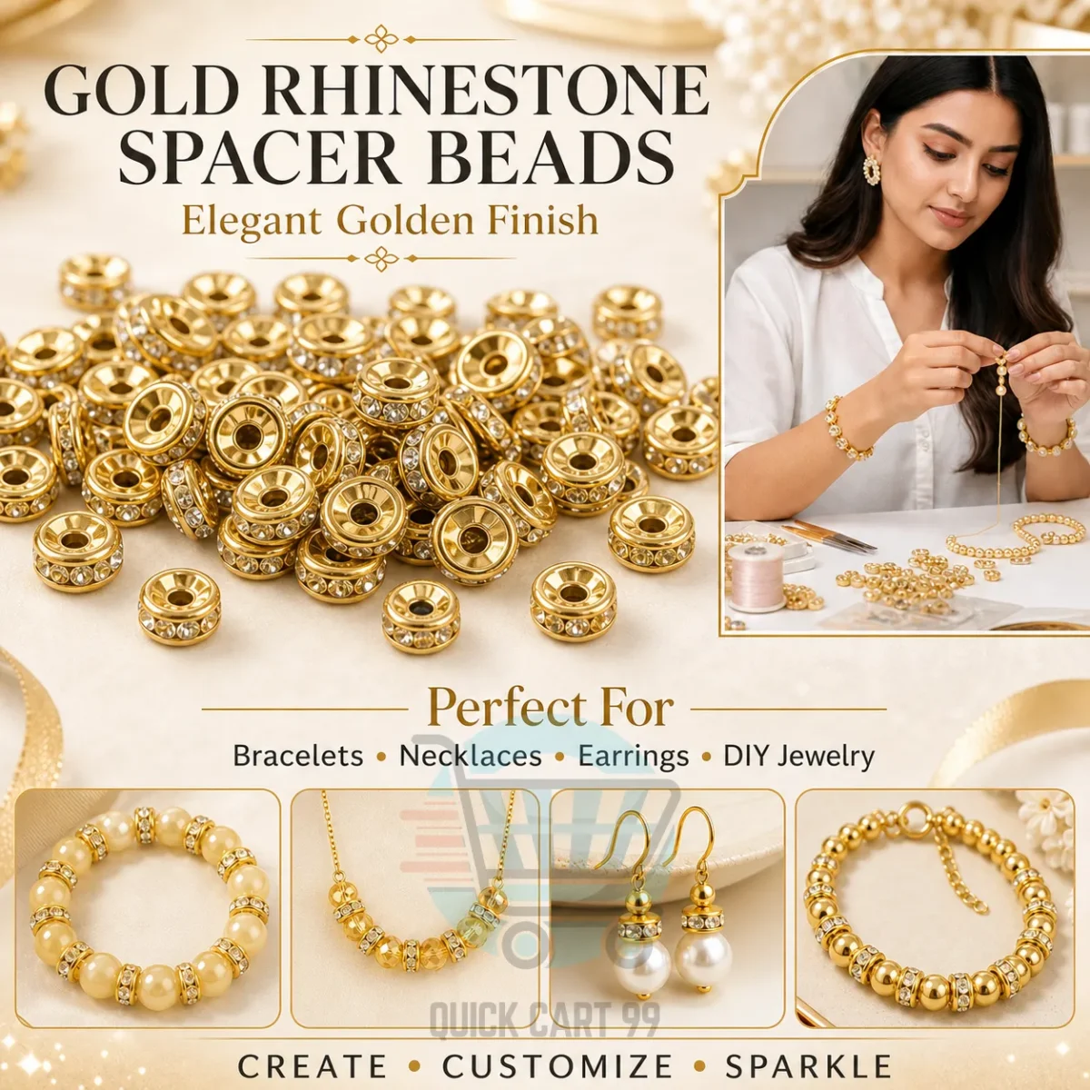 Rhinestone spacer beads for jewelry making in gold and silver colours, 20g pack – Quick Cart 99