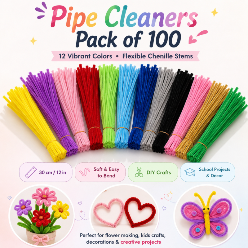 Pipe Cleaners Pack of 100 Colorful Chenille Stems