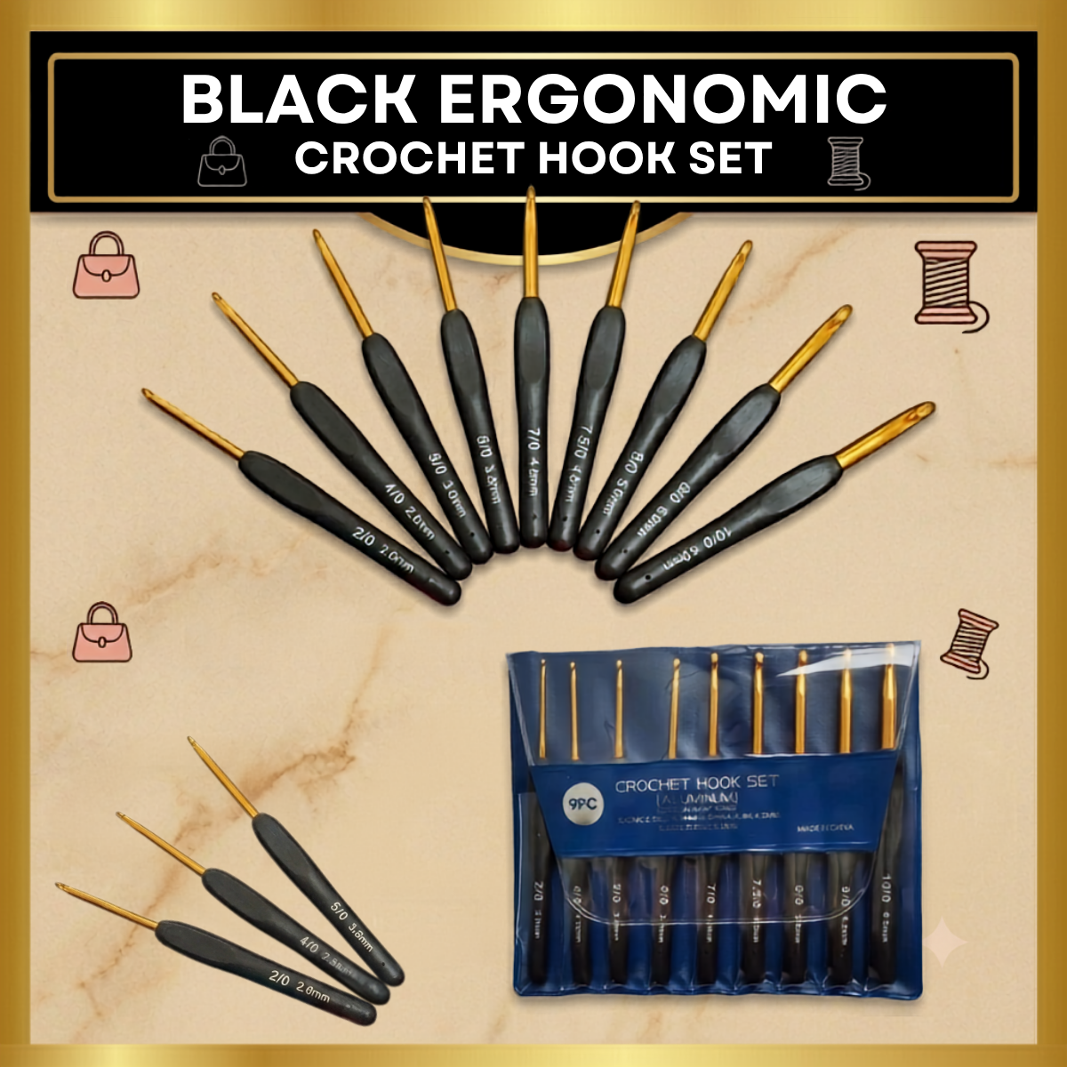 Black Erognomic hooksd 9-Piece Ergonomic Crochet Hook Set (2.0mm-6.0mm) - Black Handle - Image 1