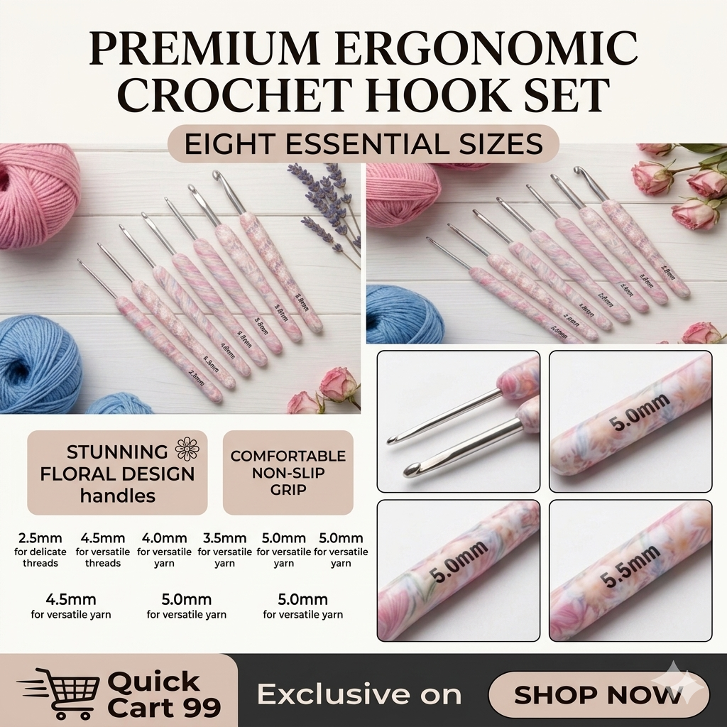 Gemini_Generated_Image_me2mh8me2mh8me2m Floral Cushioned Stainless Steel Crochet Hook Set (8 Pieces,2.5mm-6.0mm) - Image 1