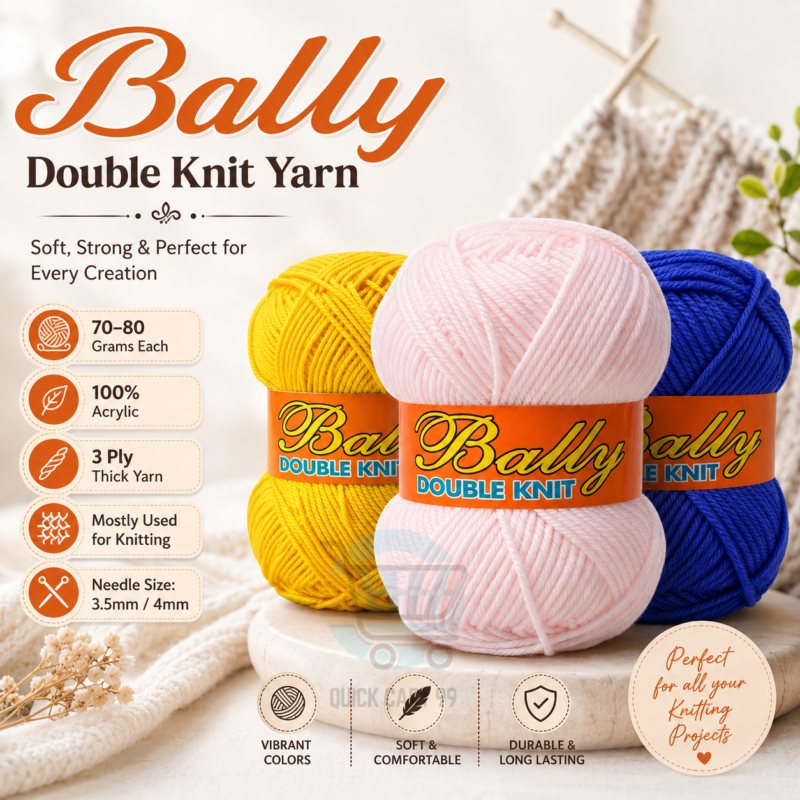 Bally Double Knit yarn for crochet and knitting in pink, yellow, and blue colours, 100% acrylic 3-ply yarn, 70–80 grams each.