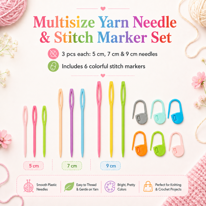 Needles & Stitch Markers Set 15 Pcs with 5cm, 7cm and 9cm yarn needles