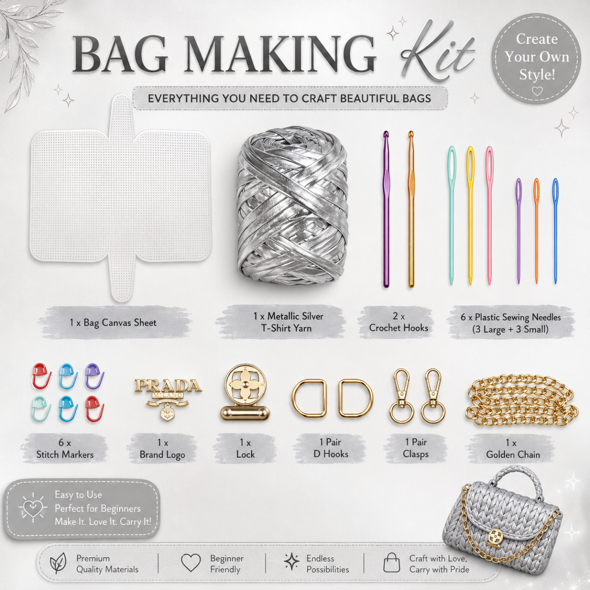 Crochet Bag Craft Kit Silver