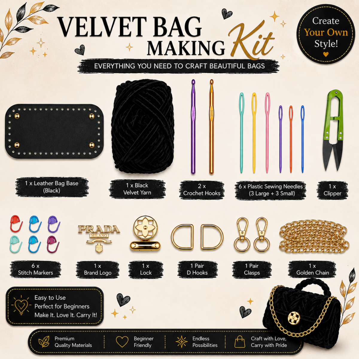 Complete Velvet Bag Making Kit for Beginners - Image 3