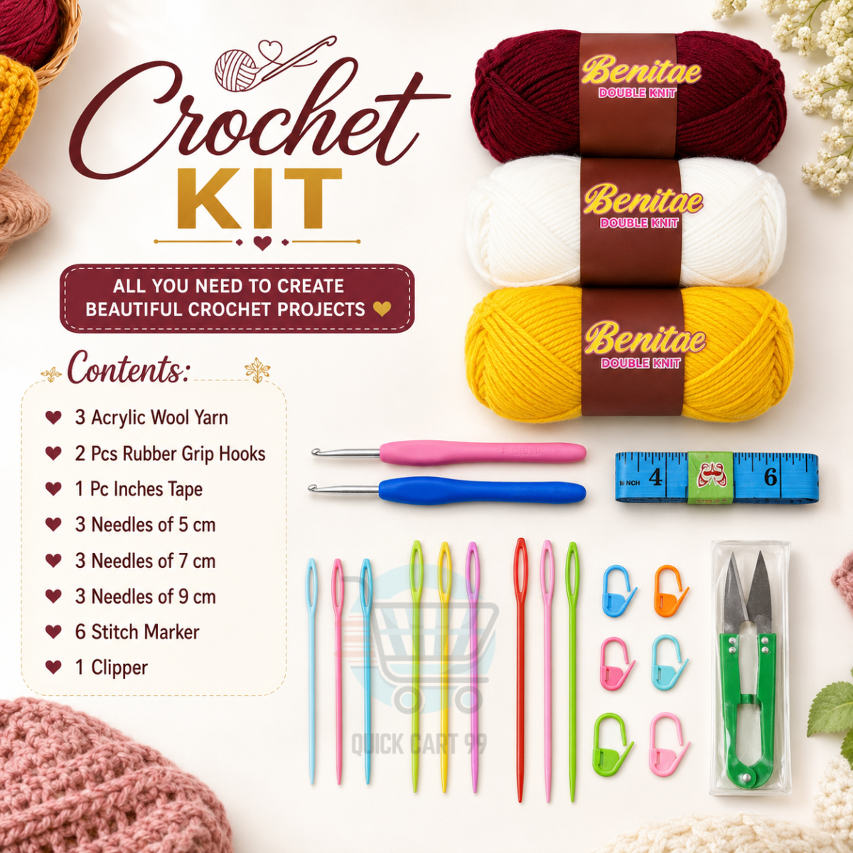 Crochet Accessories Set with hooks, needles, tape, stitch markers and clipper