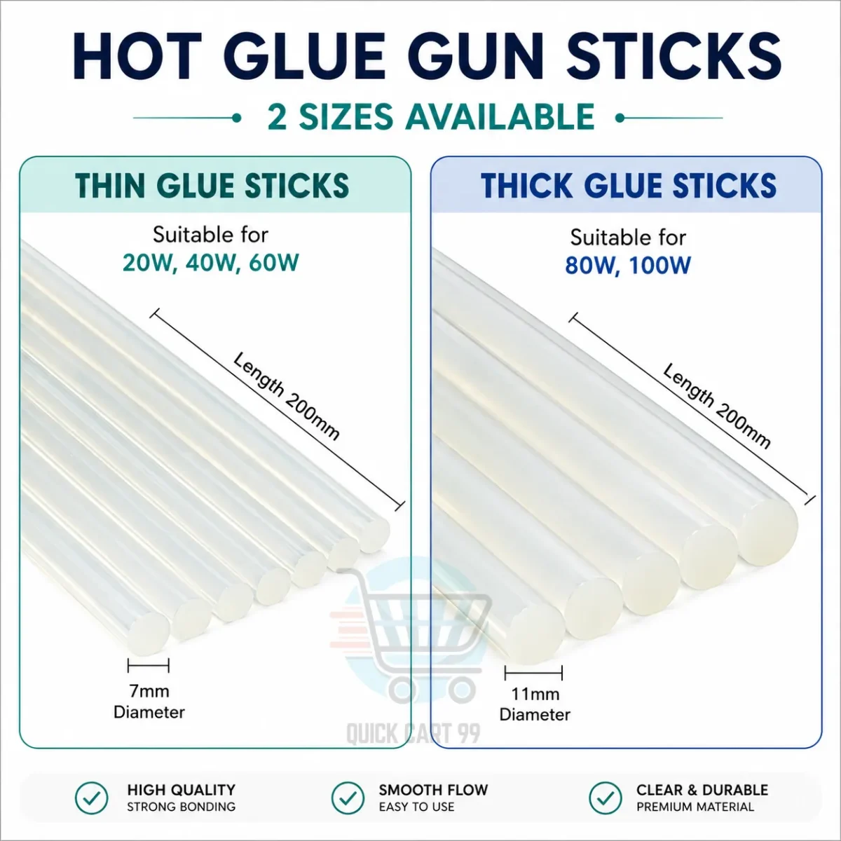 Glue Gun Sticks 7mm and 11mm, 200mm length, pack of 12