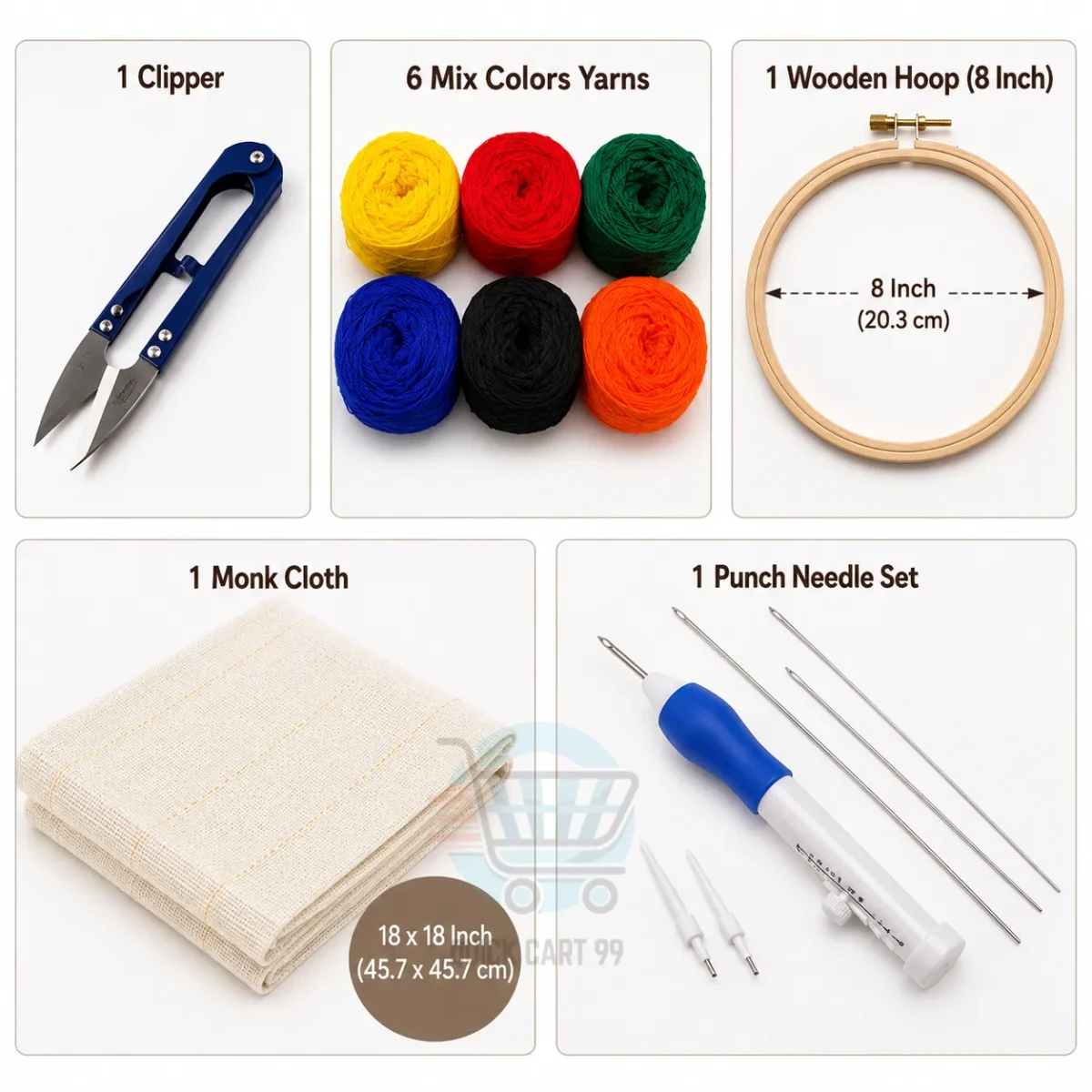 Punch needle kit for beginners with monk cloth, hoop and yarn