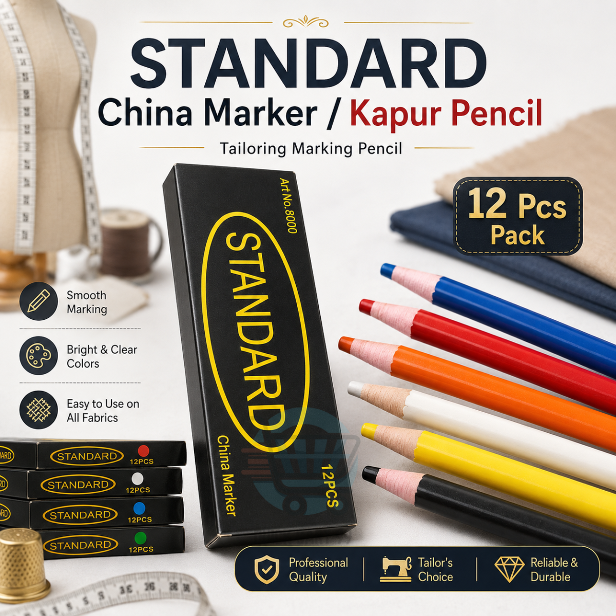 Garment Color Pencils pack of 12 mixed colors for tailoring, stitching, cutting lines, and easy fabric marking