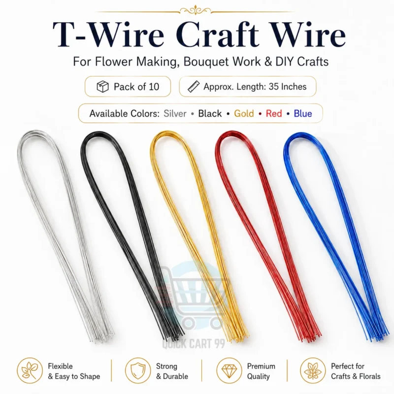 T-Wire Craft Wire for flower making, bouquet work and DIY crafts, pack of 12 in silver, black, gold, red and blue colors