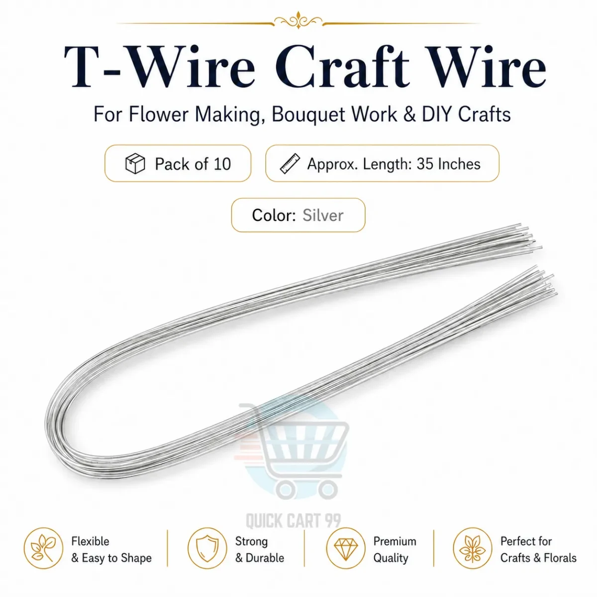 T-Wire Craft Wire for flower making, bouquet work and DIY crafts, pack of 12 in silver, black, gold, red and blue colors