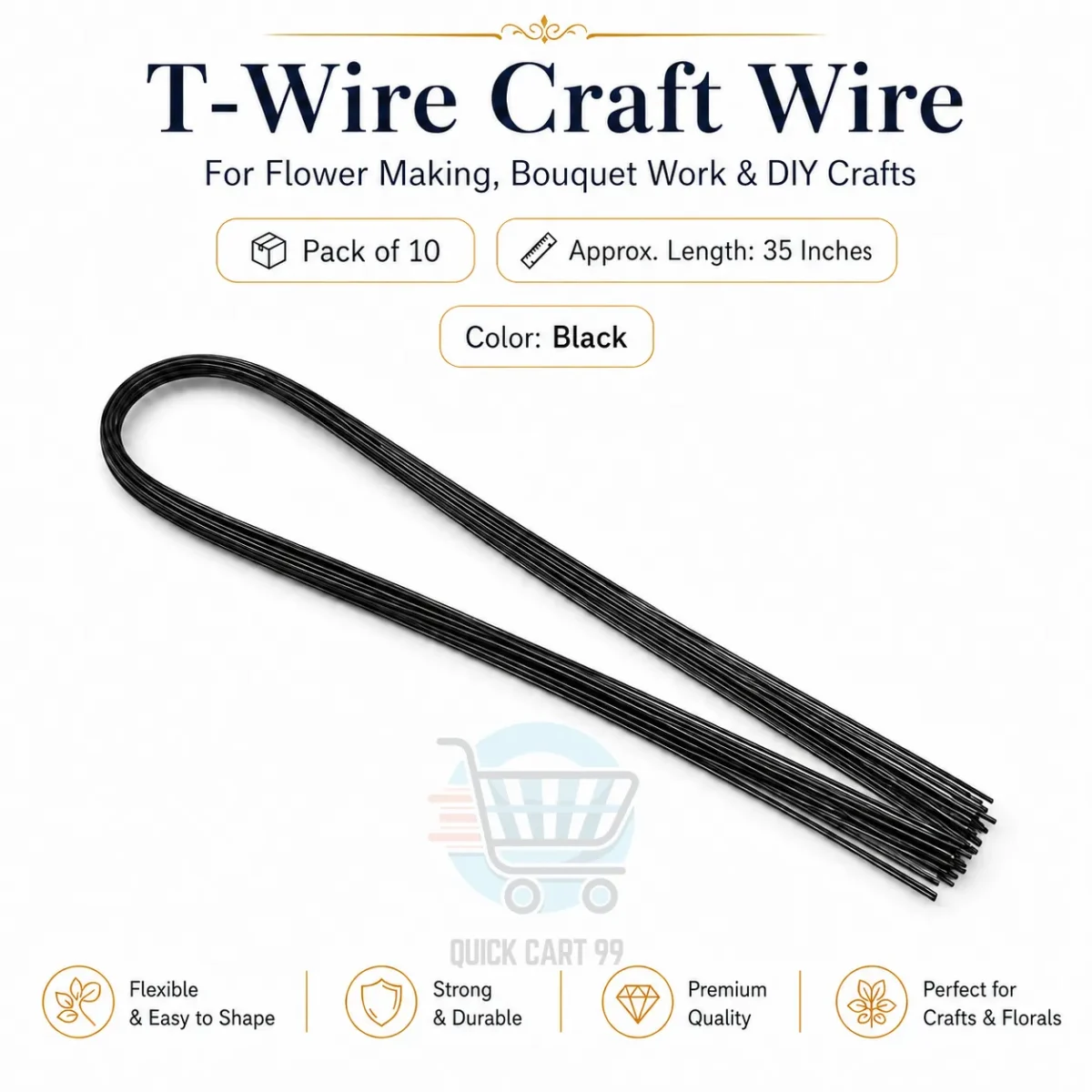 T-Wire Craft Wire for flower making, bouquet work and DIY crafts, pack of 12 in silver, black, gold, red and blue colors