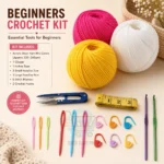 Beginner Crochet Kit with yarn, crochet hooks, plastic needles, stitch markers, measuring tape, and thread clipper.