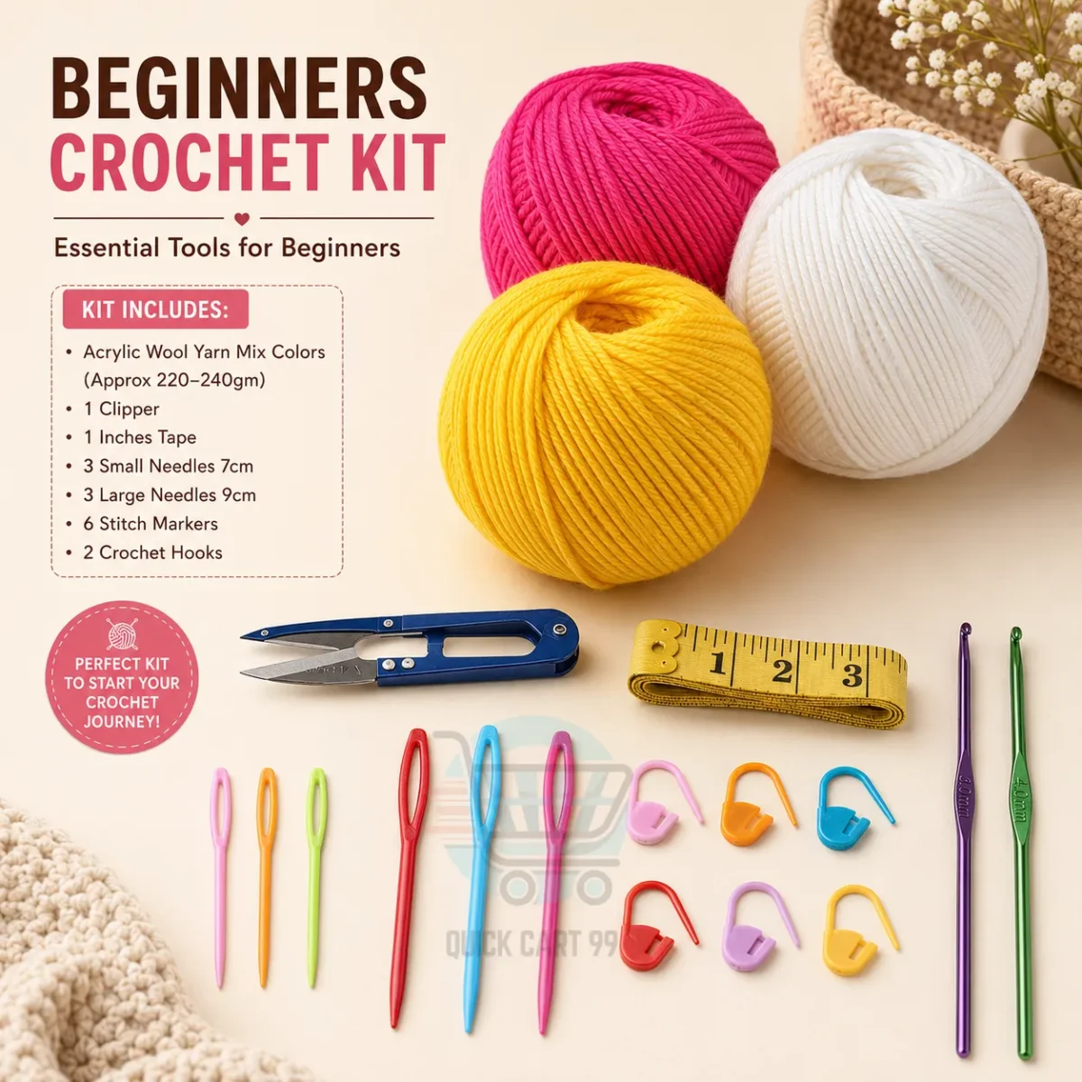 Beginner Crochet Kit with yarn, crochet hooks, plastic needles, stitch markers, measuring tape, and thread clipper.