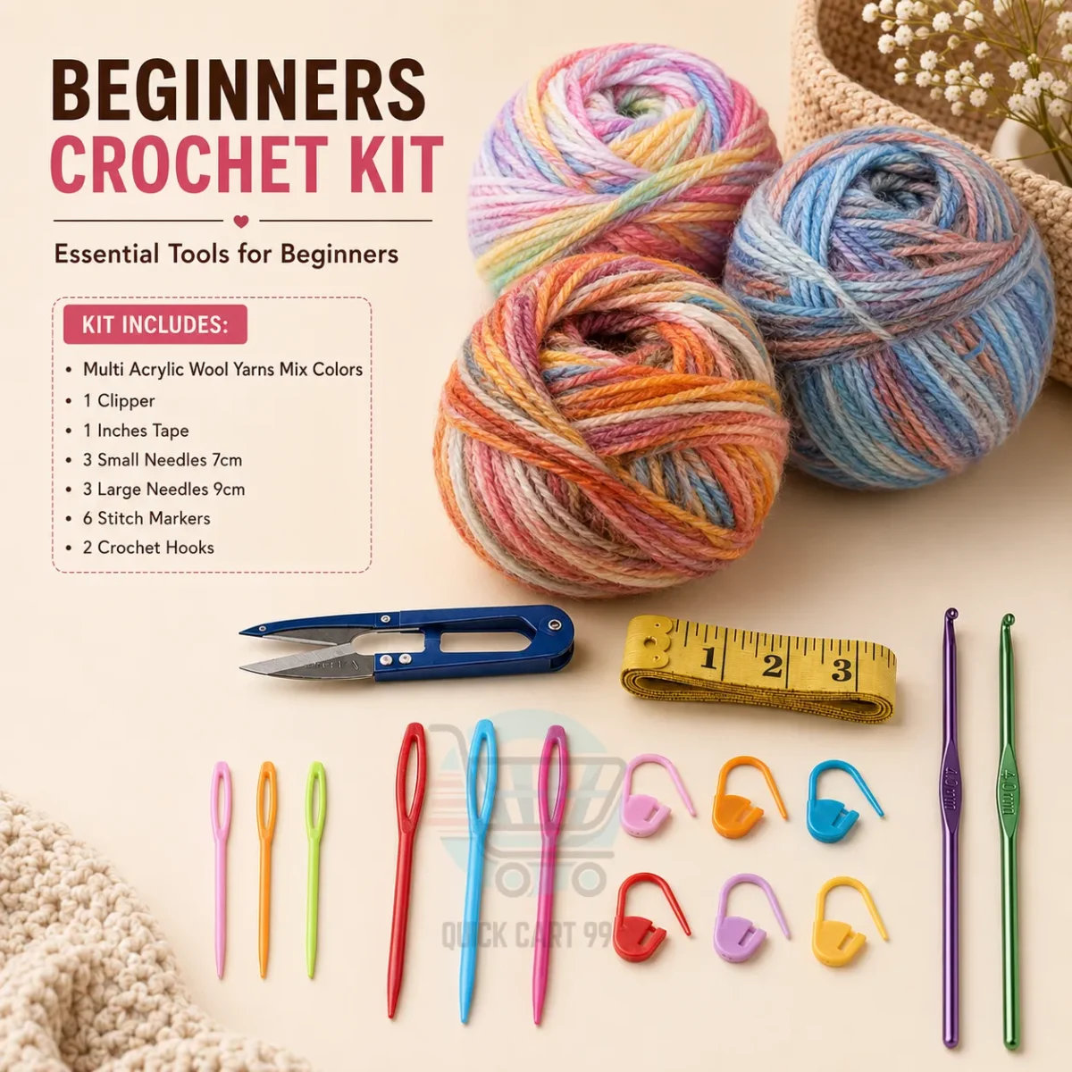 Beginner Crochet Kit with yarn, crochet hooks, plastic needles, stitch markers, measuring tape, and thread clipper.