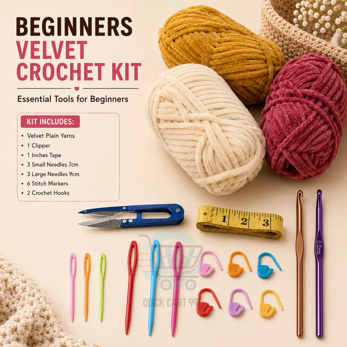 Beginner Crochet Kit with yarn, crochet hooks, plastic needles, stitch markers, measuring tape, and thread clipper.