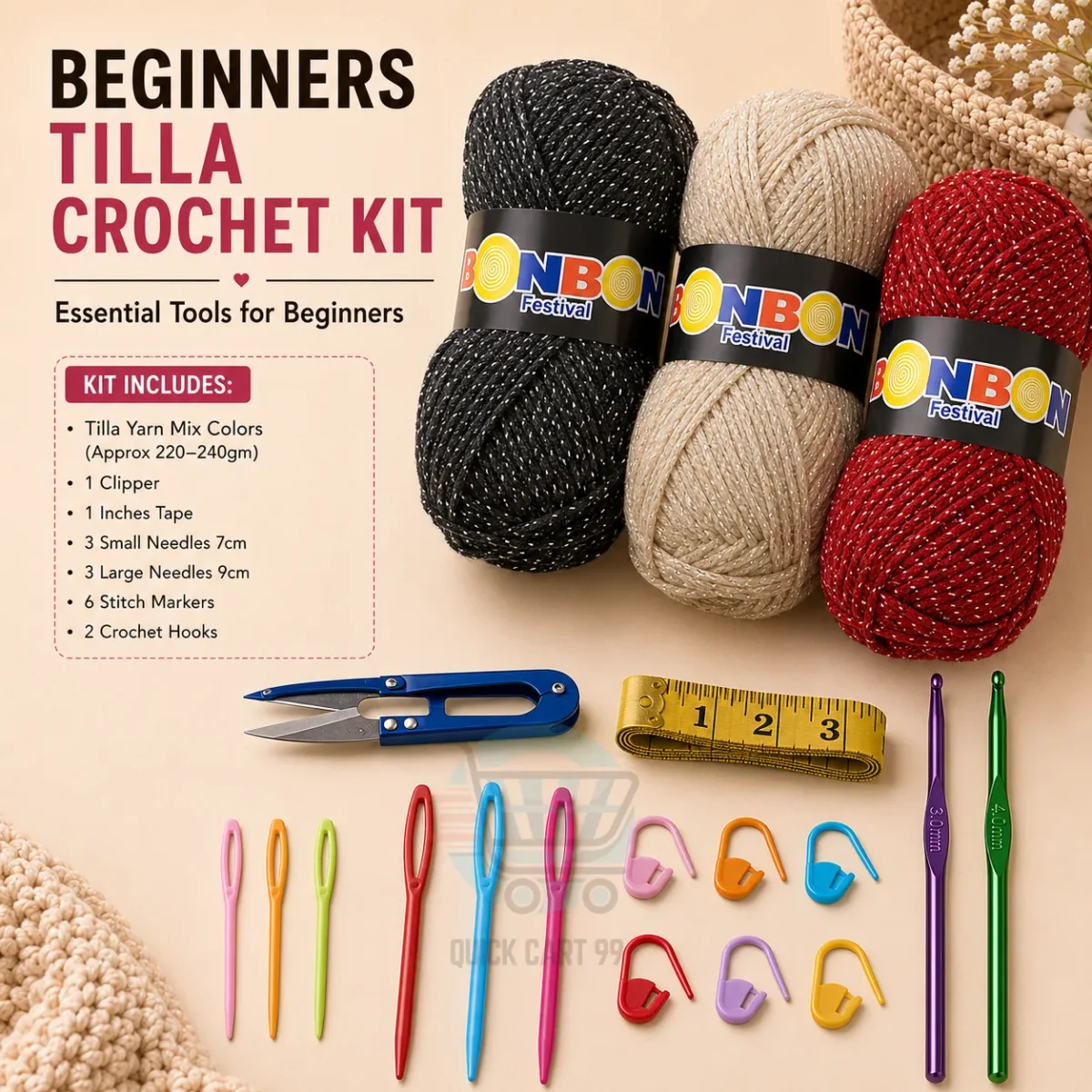 Beginner Crochet Kit with yarn, crochet hooks, plastic needles, stitch markers, measuring tape, and thread clipper.