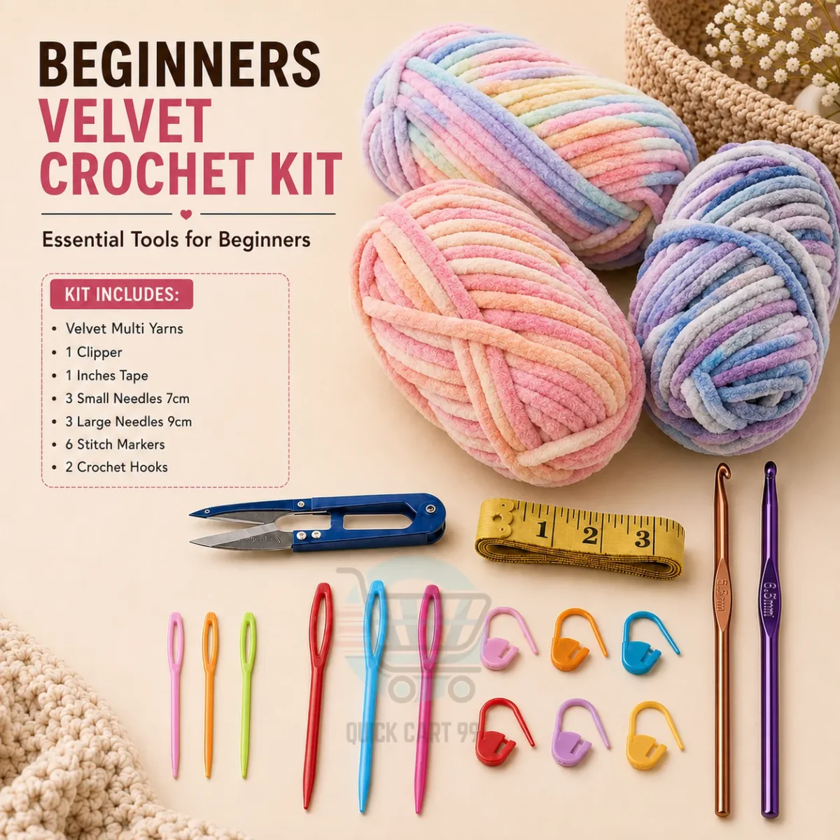 Beginner Crochet Kit with yarn, crochet hooks, plastic needles, stitch markers, measuring tape, and thread clipper.