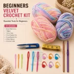 Beginner Crochet Kit with yarn, crochet hooks, plastic needles, stitch markers, measuring tape, and thread clipper.