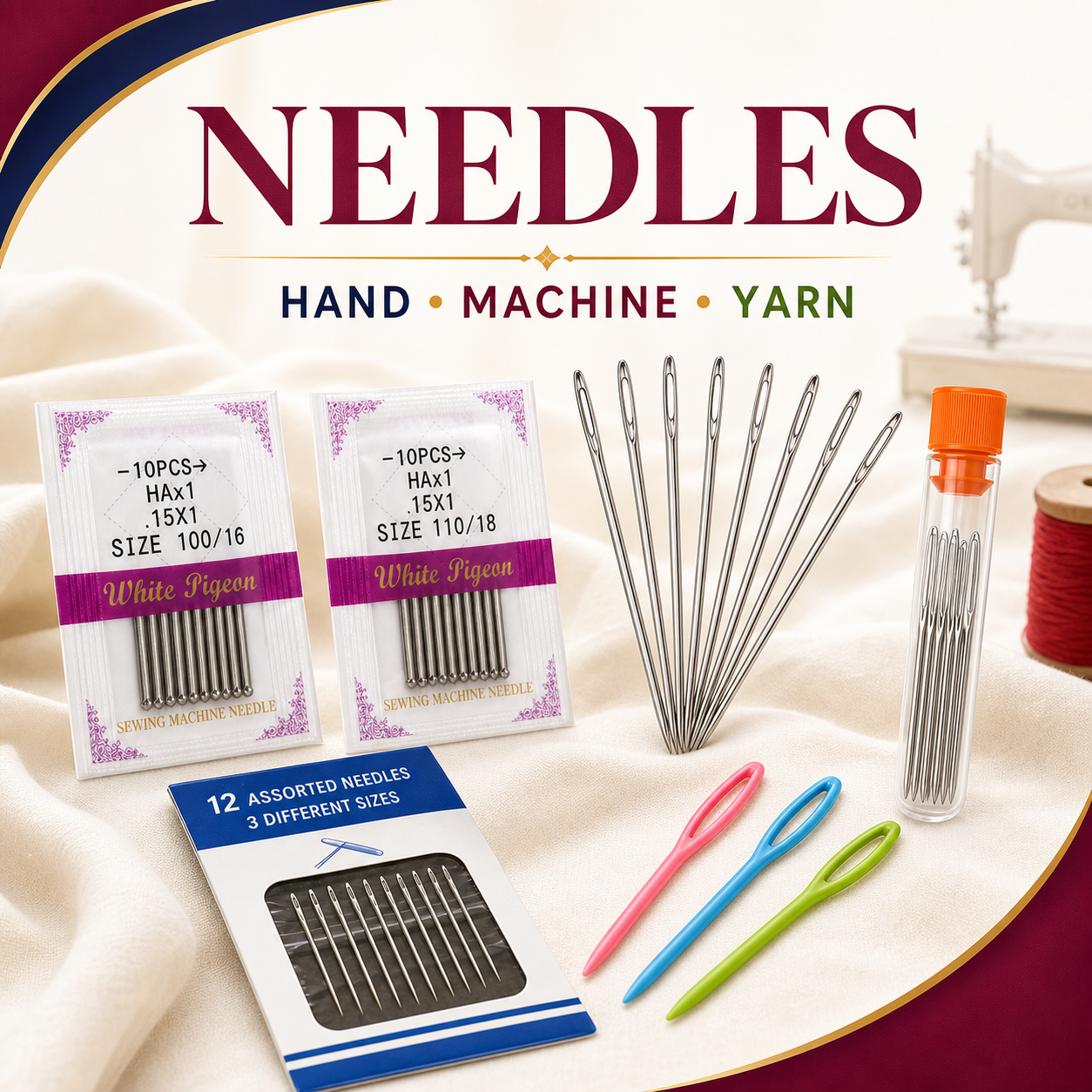Needles category banner featuring sewing machine needle packs, hand-sewing needles, self-threading needles, large-eye needles, and colorful yarn needles on a premium fabric background.