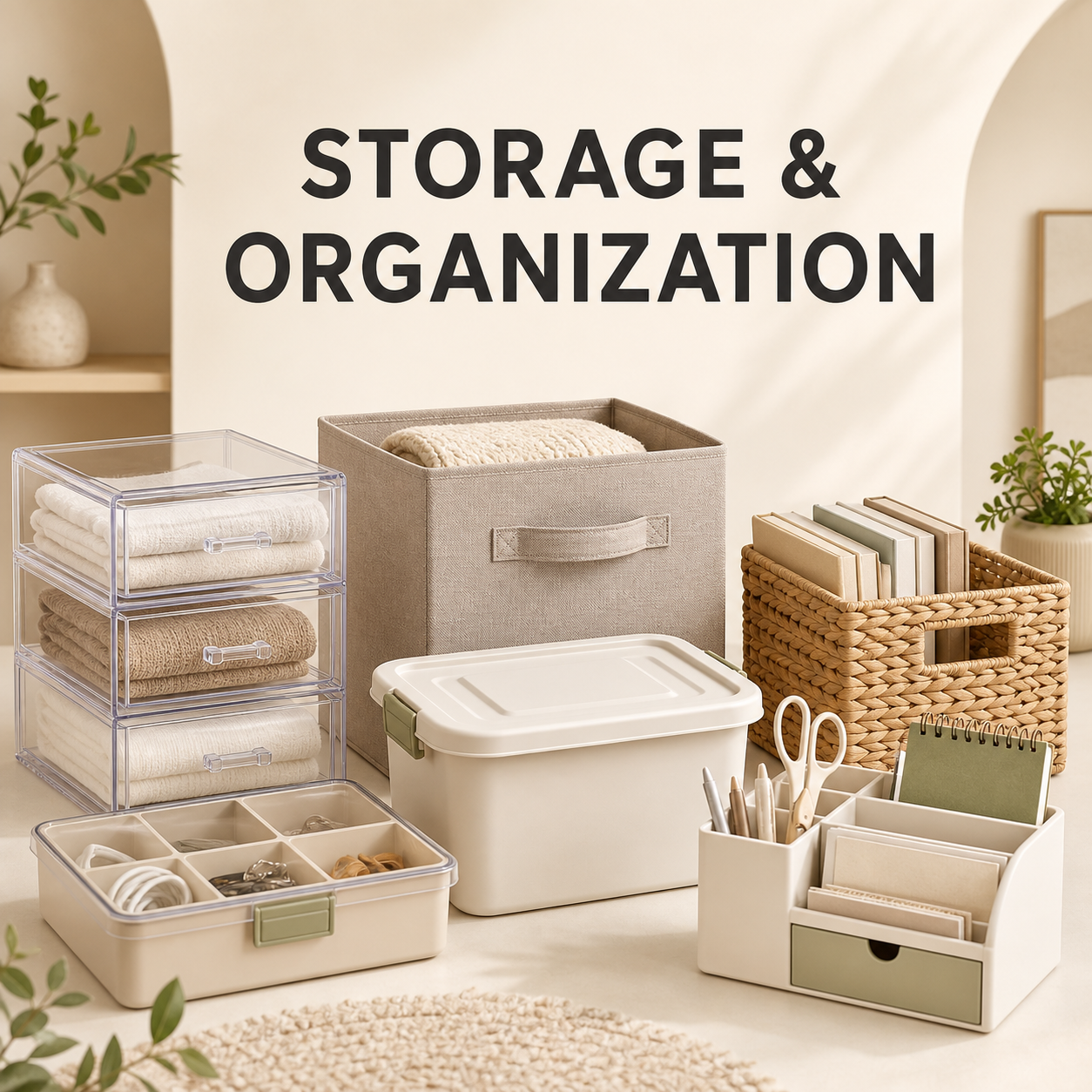 Assorted storage and organization boxes, including fabric bins, clear drawers, baskets, and desktop organizers.