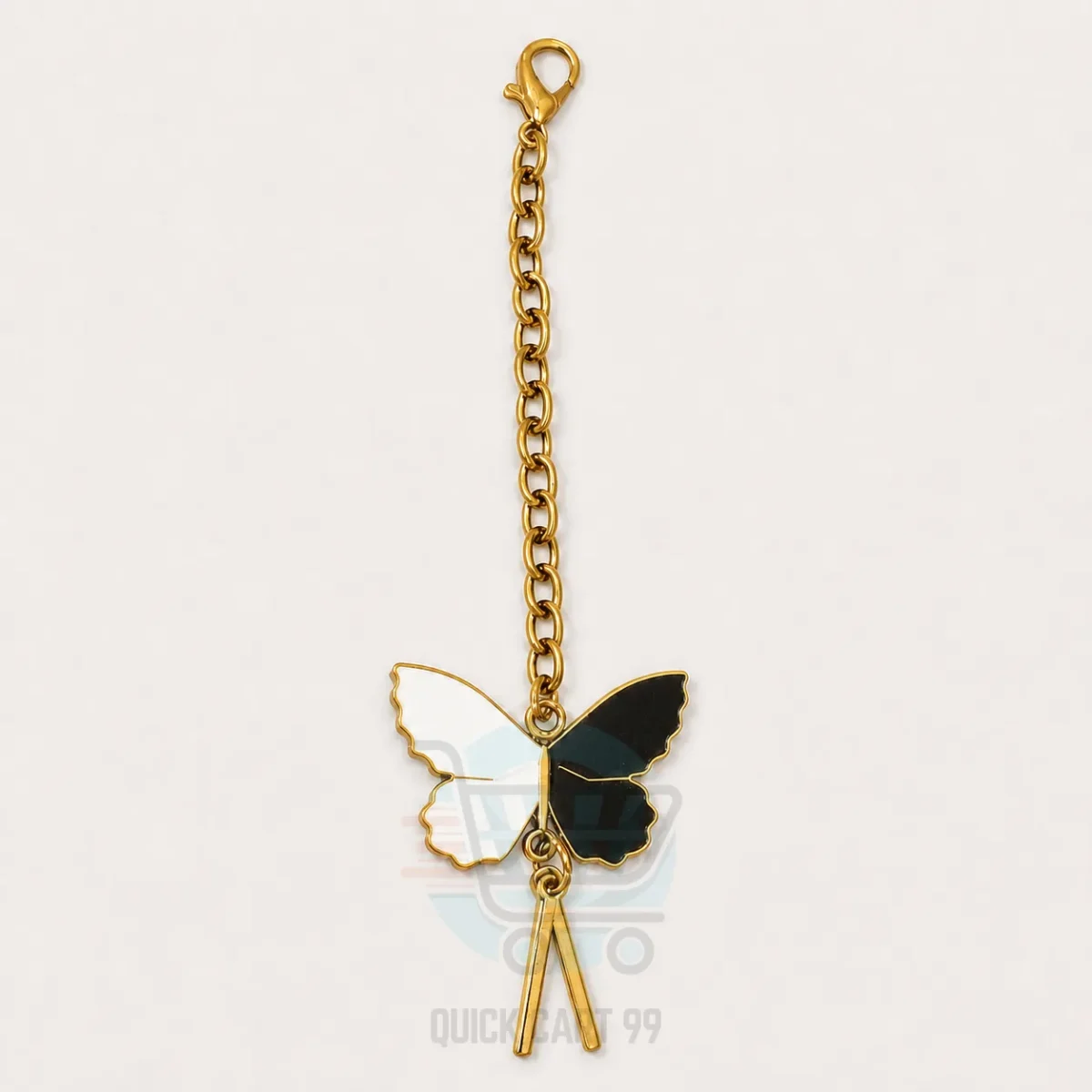 Gold and silver metal keychains in butterfly, ring, chain and clasp designs at Quick Cart 99.