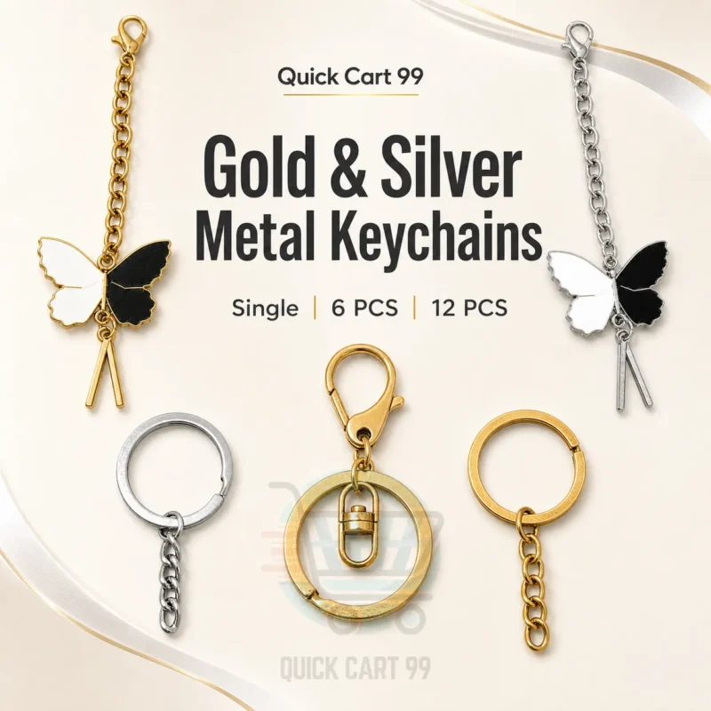 Gold and silver metal keychains in butterfly, ring, chain and clasp designs at Quick Cart 99.
