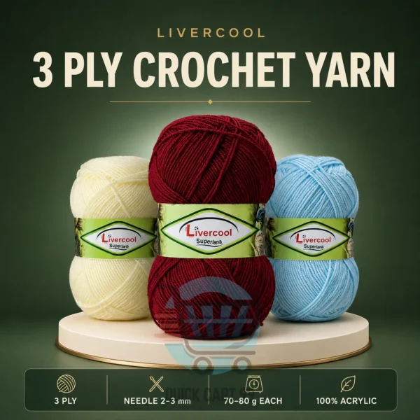 Livercool 3 Ply Crochet Wool Yarn in multiple colours – 100% acrylic, 70–80g each