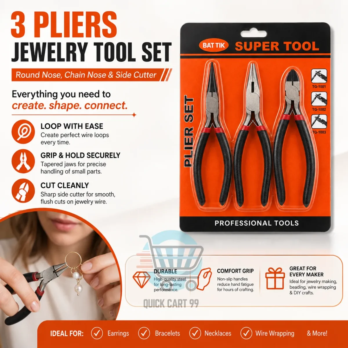 Jewelry Making Pliers with round nose, chain nose, long nose, side cutter, and half-round variants
