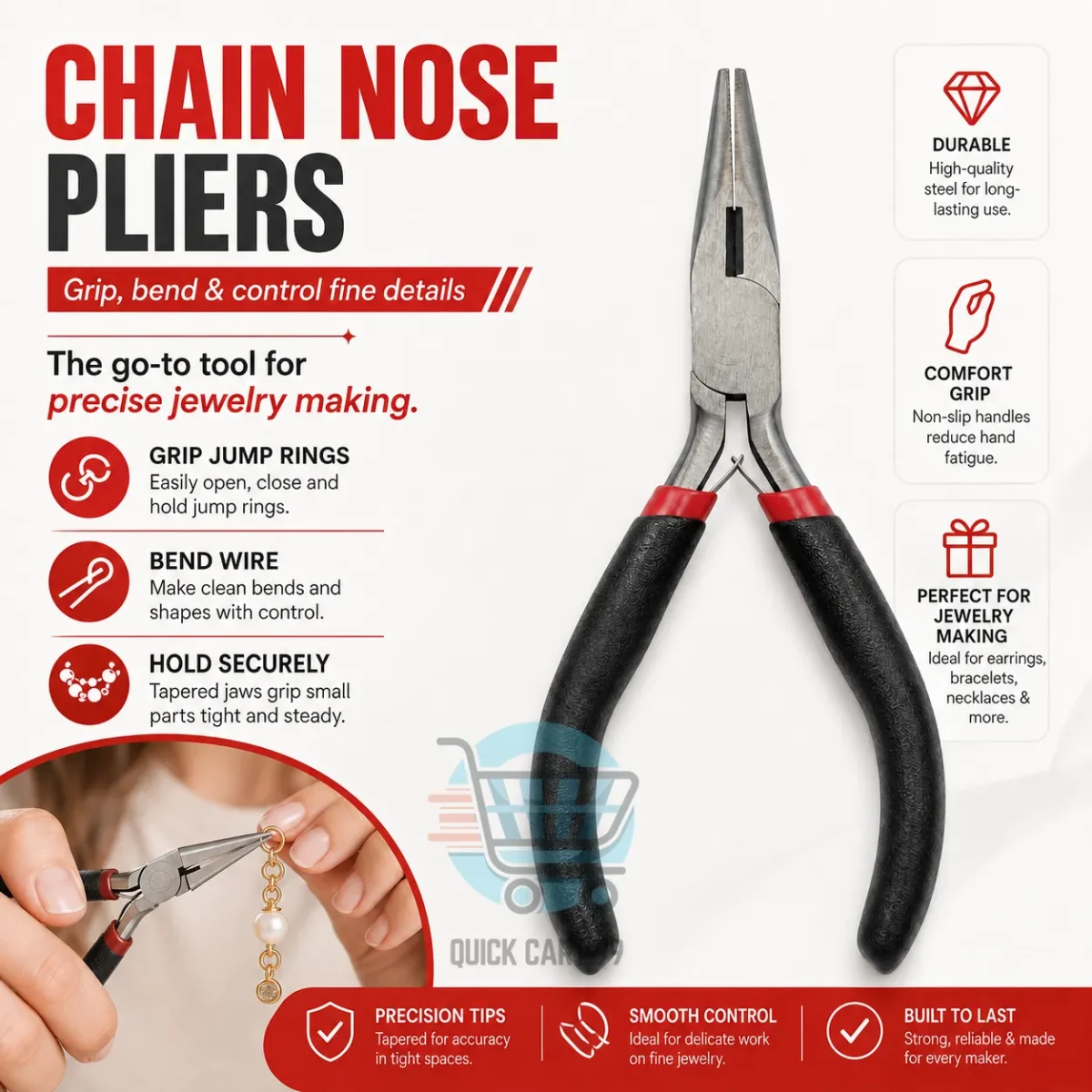 Jewelry Making Pliers with round nose, chain nose, long nose, side cutter, and half-round variants