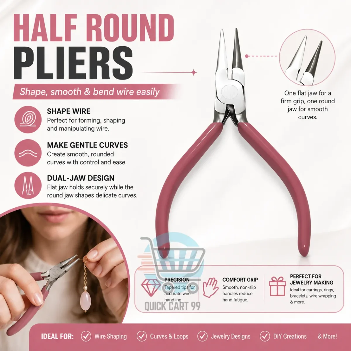 Jewelry Making Pliers with round nose, chain nose, long nose, side cutter, and half-round variants