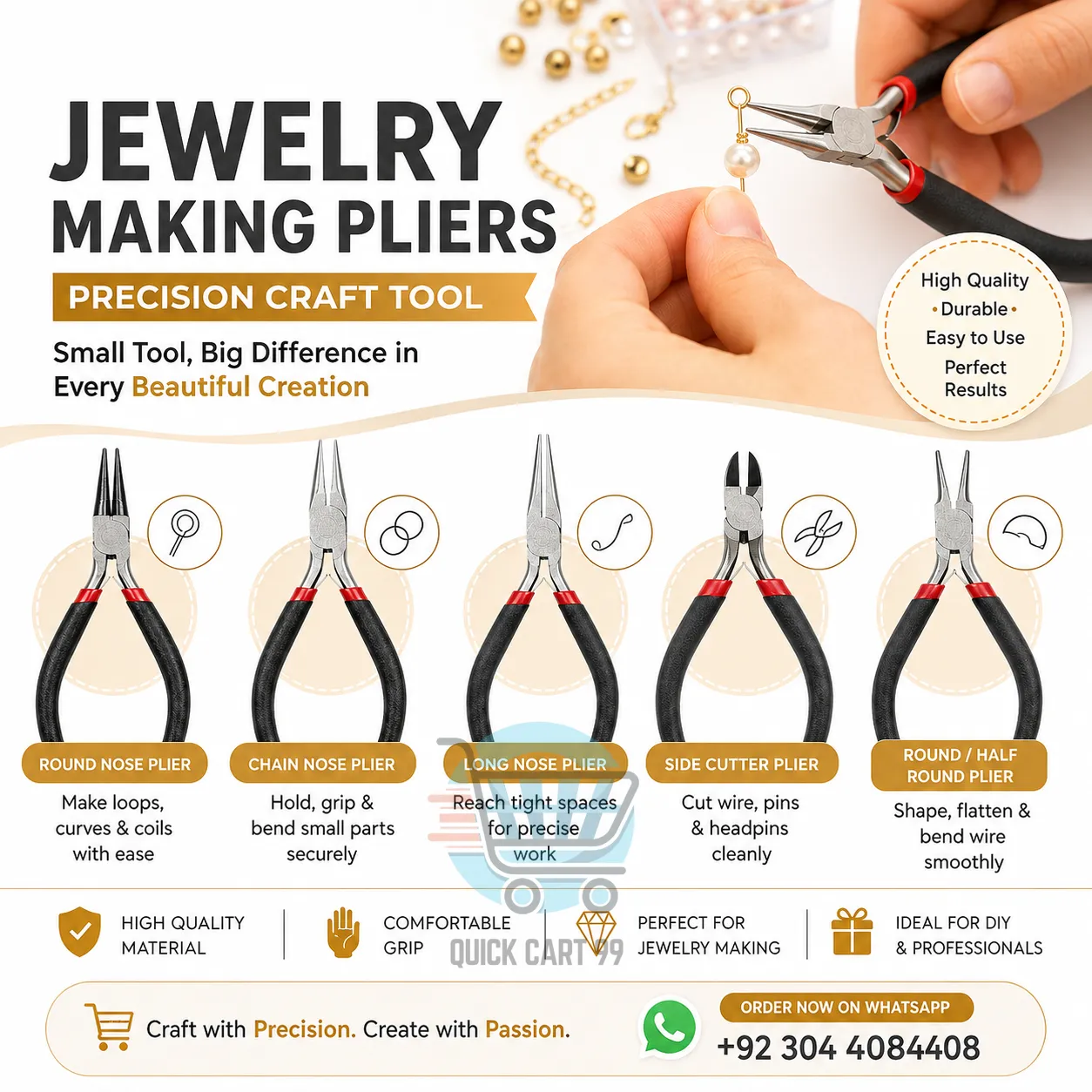 Jewelry Making Pliers – Precision Craft Tools Jewelry Making Pliers with round nose, chain nose, long nose, side cutter, and half-round variants