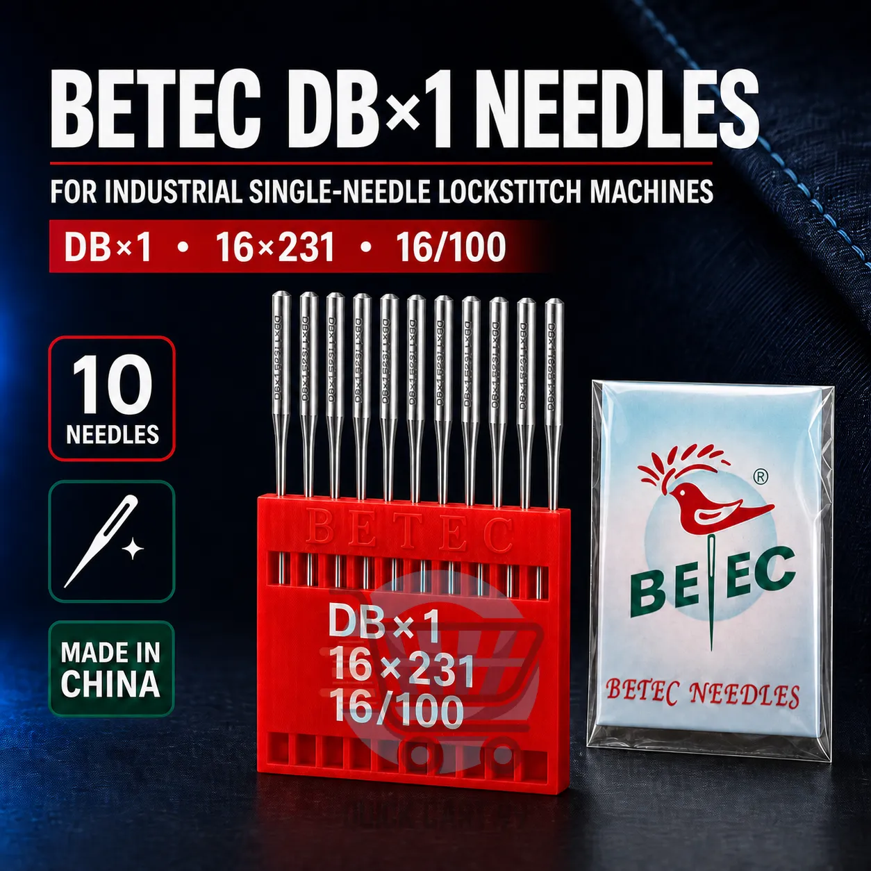 Needles BETEC_DBx1_16-100_Banner_{Num} BETEC DBx1 16/100 Industrial Sewing Machine Needles – 10 Pack | Juki, Jack & Brother - Image 1
