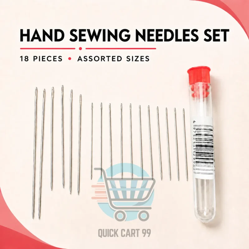 18-piece assorted-size hand sewing needles set with transparent storage tube and red cap