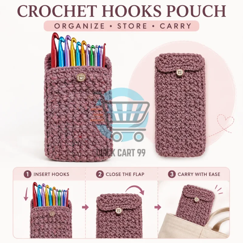 Handmade Crochet Hooks Pouch with colourful crochet hooks on a white background