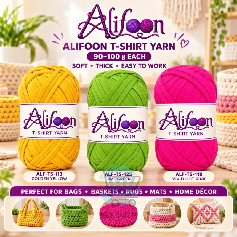 Alifoon T-Shirt Yarn for Home Decor in golden yellow, lime green and vivid hot pink