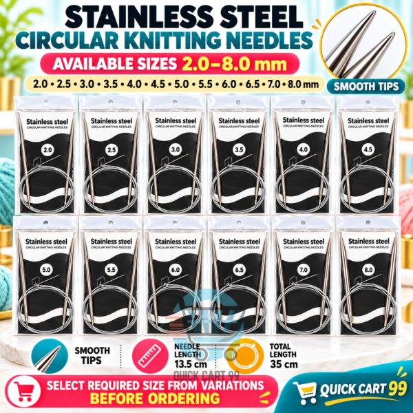 Stainless Steel Circular Knitting Needles in 2mm to 8mm sizes