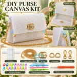 Complete DIY Purse Canvas Kit with golden chain, hooks, needles and stitch markers