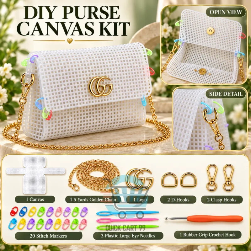 Complete DIY Purse Canvas Kit with golden chain, hooks, needles and stitch markers